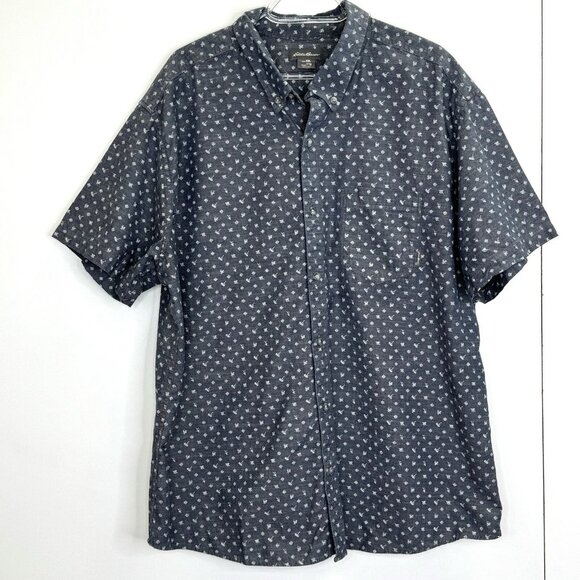 Eddie Bauer Grifton Shirt Mens XXL Blue Chambray Printed Short Sleeve Button Up - Picture 1 of 3